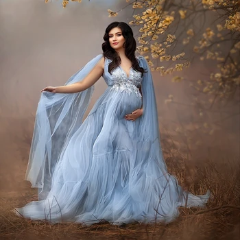 Светло сини мрежести рокли за бременни с форографией, елегантни апликации, тюлевые рокли за бременни А-силует, разрез отпред, къдри, дрехи за бременни