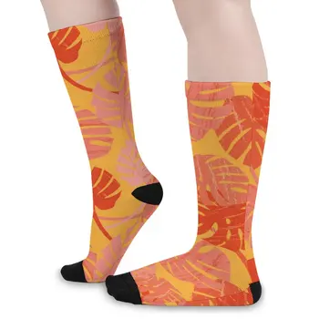 Чорапи с растително принтом, Оранжеви листа, ретро-чорапи, Зимни чорапи за двойки, със защита от изпотяване, Меки дишащи велосипедни чорапи с графичен дизайн.